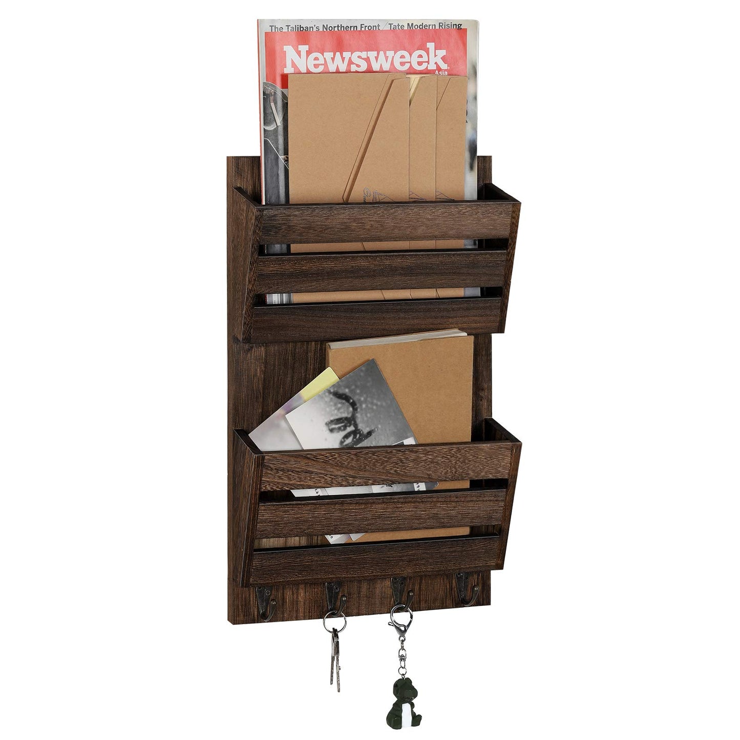 BTY Mail Holder for Wall, Wooden Mail Sorter with 4 Key Hooks, 2 Slot Wall Mounted Mail Sorter Letter Bills Newspaper Magazine Organizer for Entryroom Hallway Office Garage, Rustic Brown