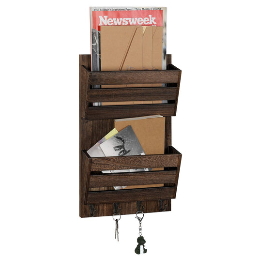 BTY Mail Holder for Wall, Wooden Mail Sorter with 4 Key Hooks, 2 Slot Wall Mounted Mail Sorter Letter Bills Newspaper Magazine Organizer for Entryroom Hallway Office Garage, Rustic Brown