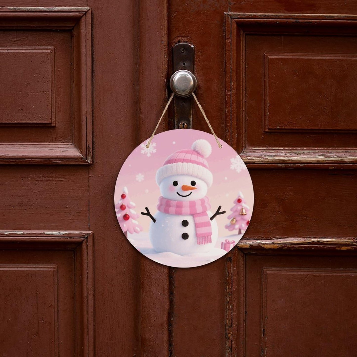 Pink Cute Snowman Welcome Sign for Front Door Wooden Wreaths