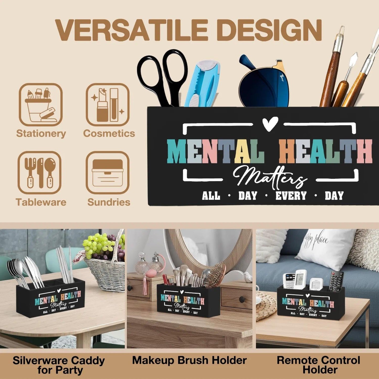 LIANGEAGOM Mental Health Matters Pen Pencil Holder Organizer for Desk Accessories, Therapy Office Decor, Motivational Wooden Box Signs Decorations for Therapist Counseling Office Desk Tabletop