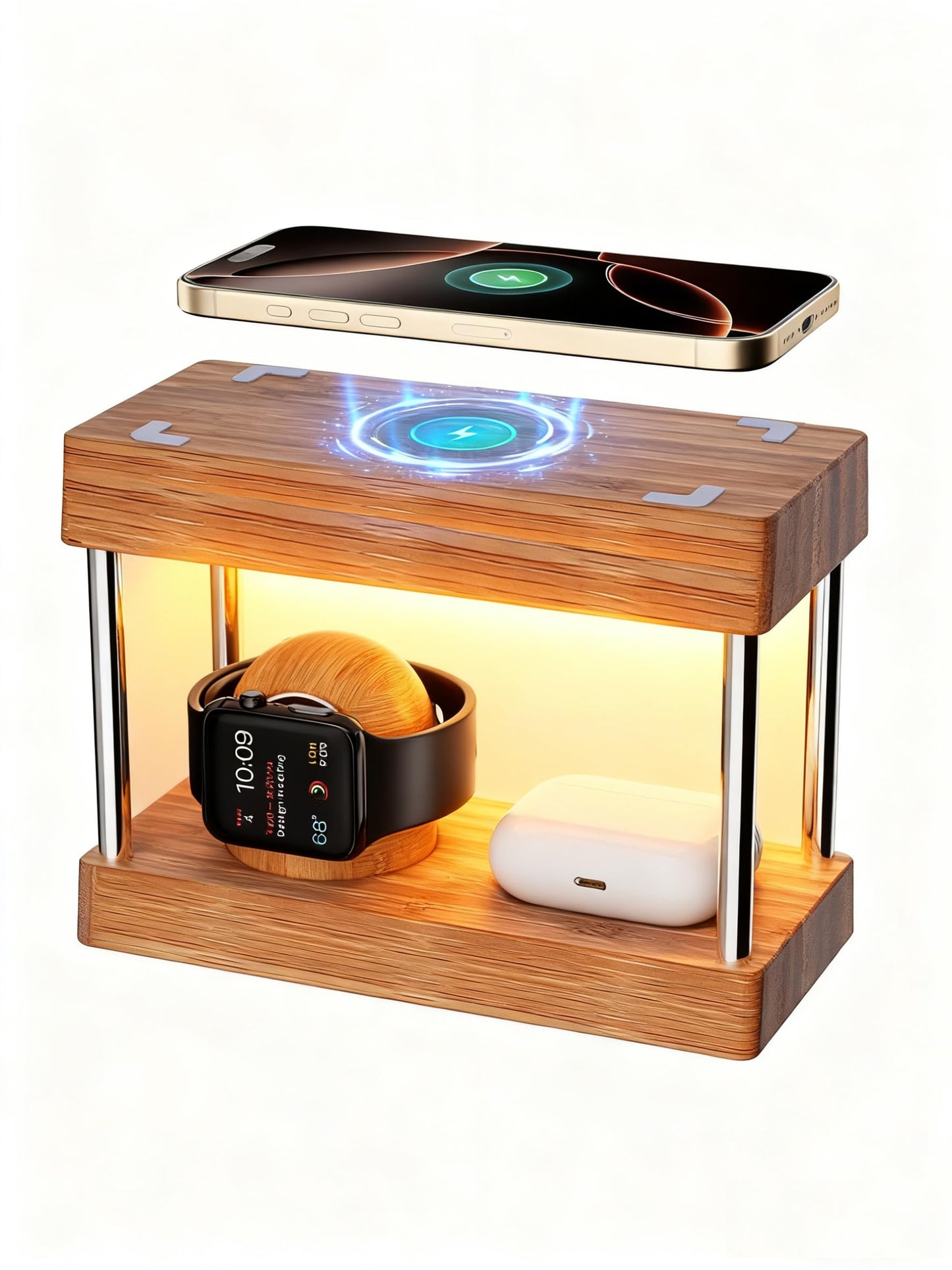 Nightstand Charging Station, 4 in 1 Bamboo Wireless Charging Station for Multiple Devices, Bedside Lamp Charger for iPhone/AirPods/iWatch, Birthday Gifts