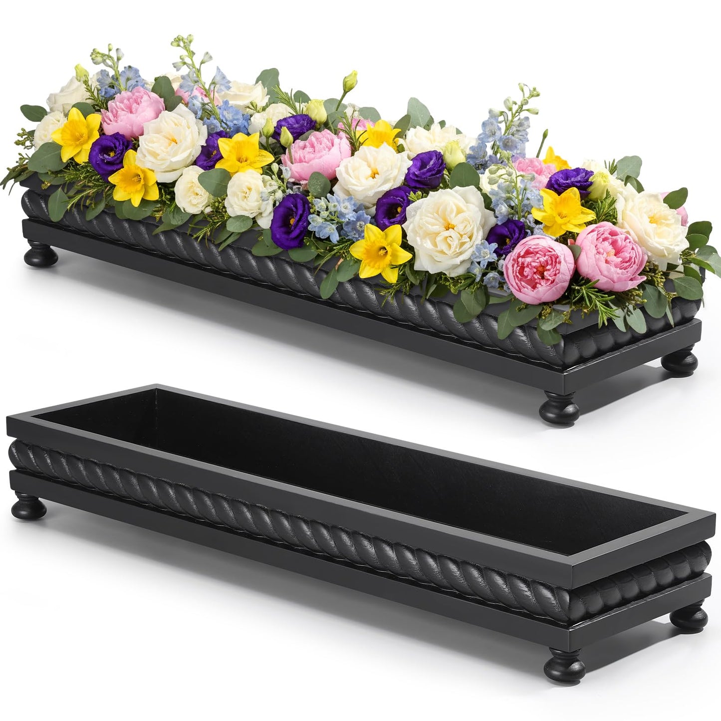 AceOrbit Large Long Wooden Dough Bowl, Spring Decorative Wooden Tables Centerpiece Tray, Riser Rustic Dough Bowl, Farmhouse Centerpiece Tray for Table Living Room Dining Gift(24",Black)