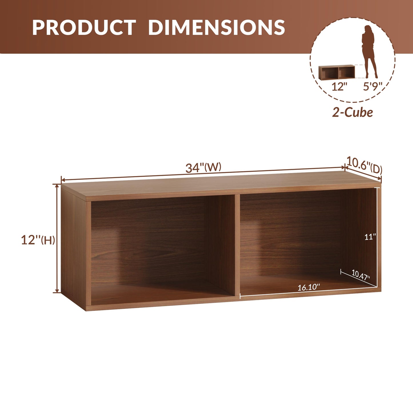 IOTXY DIY Modular Cube Bookcase - CubeXY Customizable Stackable Expandable Basic Shelving Units, 2-Cube Wooden Open Bookshelf for Miscellaneous Storage Organizer, Walnut