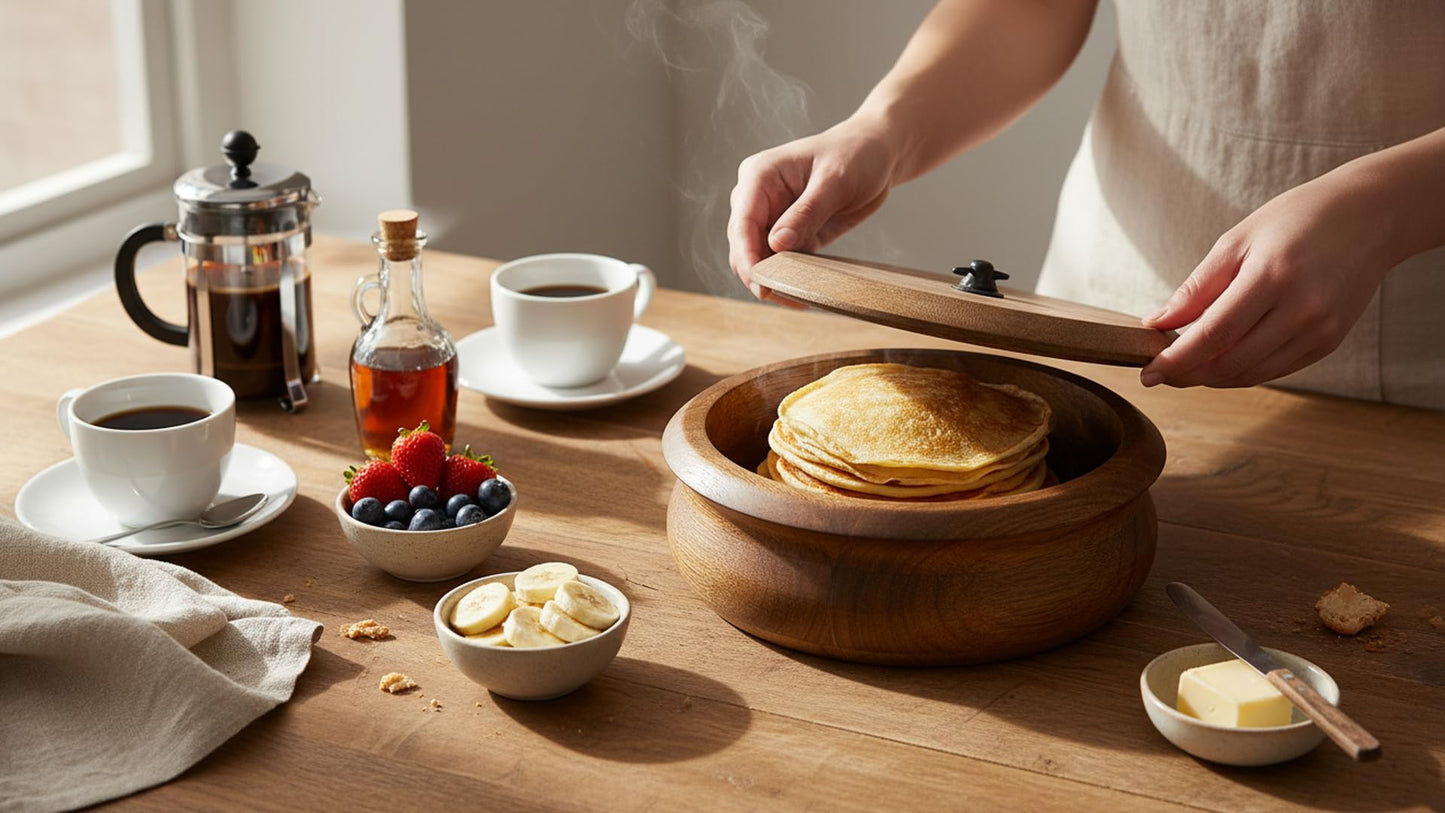 Handcrafted Wooden Mexican Tortilla Warmer Basket Indian Chapati Roti Bread Holder Box Pancake Keeper Serveware Hot Pot Casserole Dish With Lid Home Kitchen Dining Decor, Natural Brown, 9 x 4 Inches
