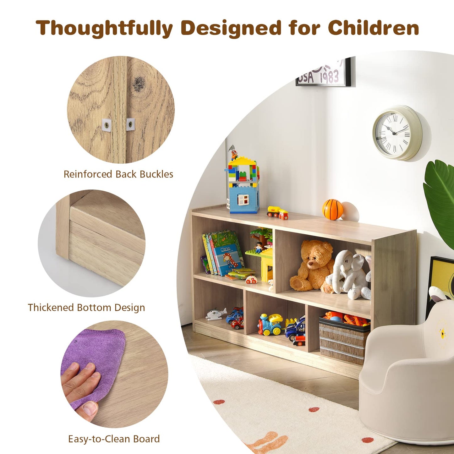 Costzon 2-Shelf Bookcase for Kids, Wooden Toy Storage Organizer for Books Toys, 5-Section Freestanding Classroom Daycare Montessori Bookshelf for Preschool, Home Playroom & Kindergarten