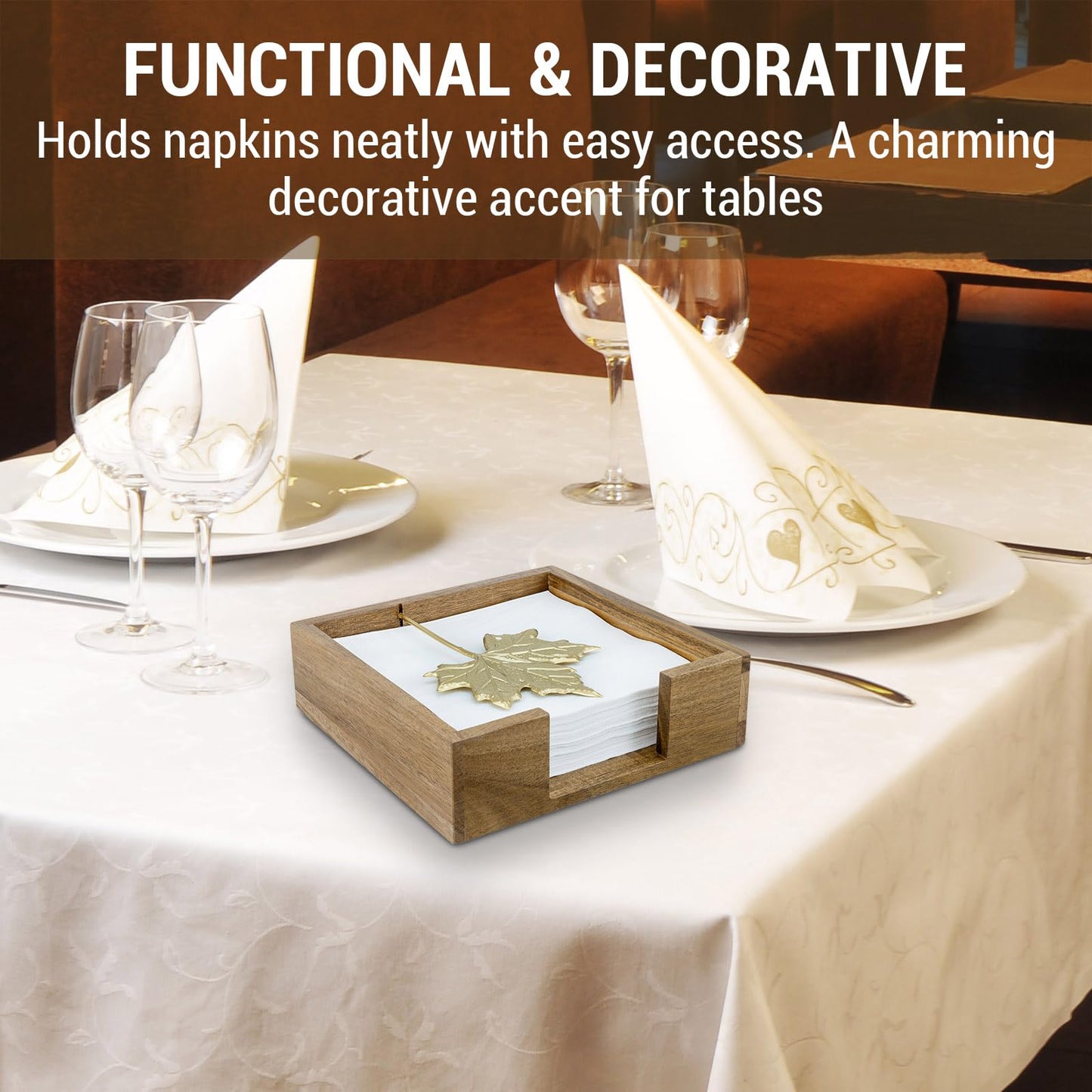 MyGift Premium Acacia Wood Tabletop Napkin Holder – Rustic Square Napkin Dispenser with Decorative Maple Leaf Weighted Arm for Kitchen or Dining Table
