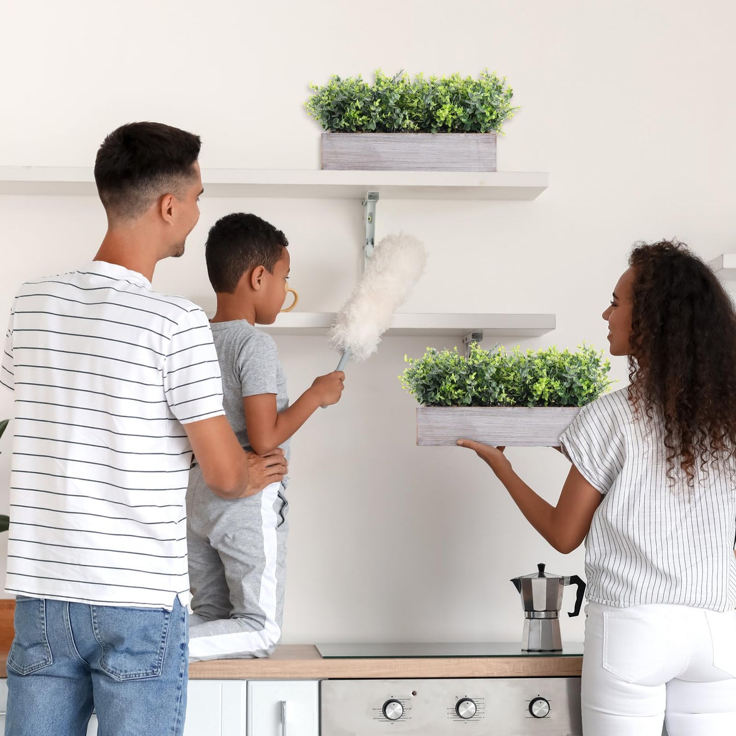 Lyrow 2 Pack Artificial Eucalyptus Plant in Rustic Rectangular Wooden Planter Box Greenery Faux Potted Herb Plant for Indoor Wedding Table Centerpiece(Green,16.1 x 3.7 x 8.7 Inches,Classic Style)