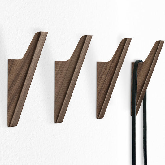 FCOWK Walnut Wood Wall Hooks - 4 Pack, Heavy Duty Coat Hooks Wall Mount for Entryway, Bathroom & Bedroom. Minimalist Wooden Wall Hooks for Hanging Coat, Hat, Bag, Towel, Backpack (Light Walnut)