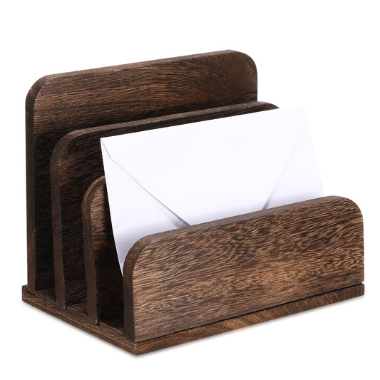 Briwooody Wooden Mail Organizer 3 Slots Mail Holder for Desk Wood File Paper Letter Holder for Letter Envelope Filing Cell Phone Document Storage, Organizer Tray for Office and Home(Dark Brown)