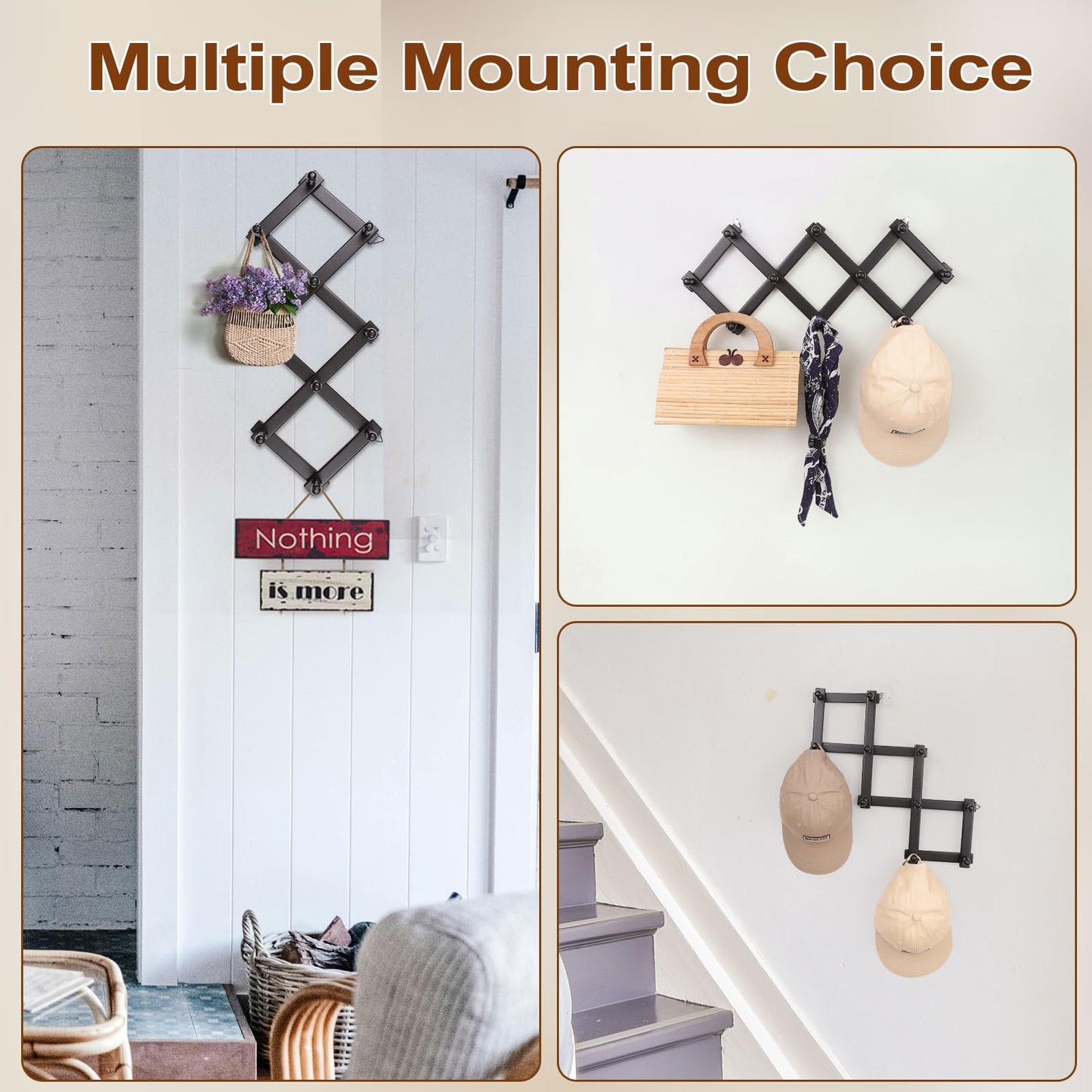 SCUNDA Expandable Hat Rack for Wall, Wall Hook for Coat/Mug/Baseball Cap, 2 Packs Hat Holder for Girls or Boys Room, Kids Room
