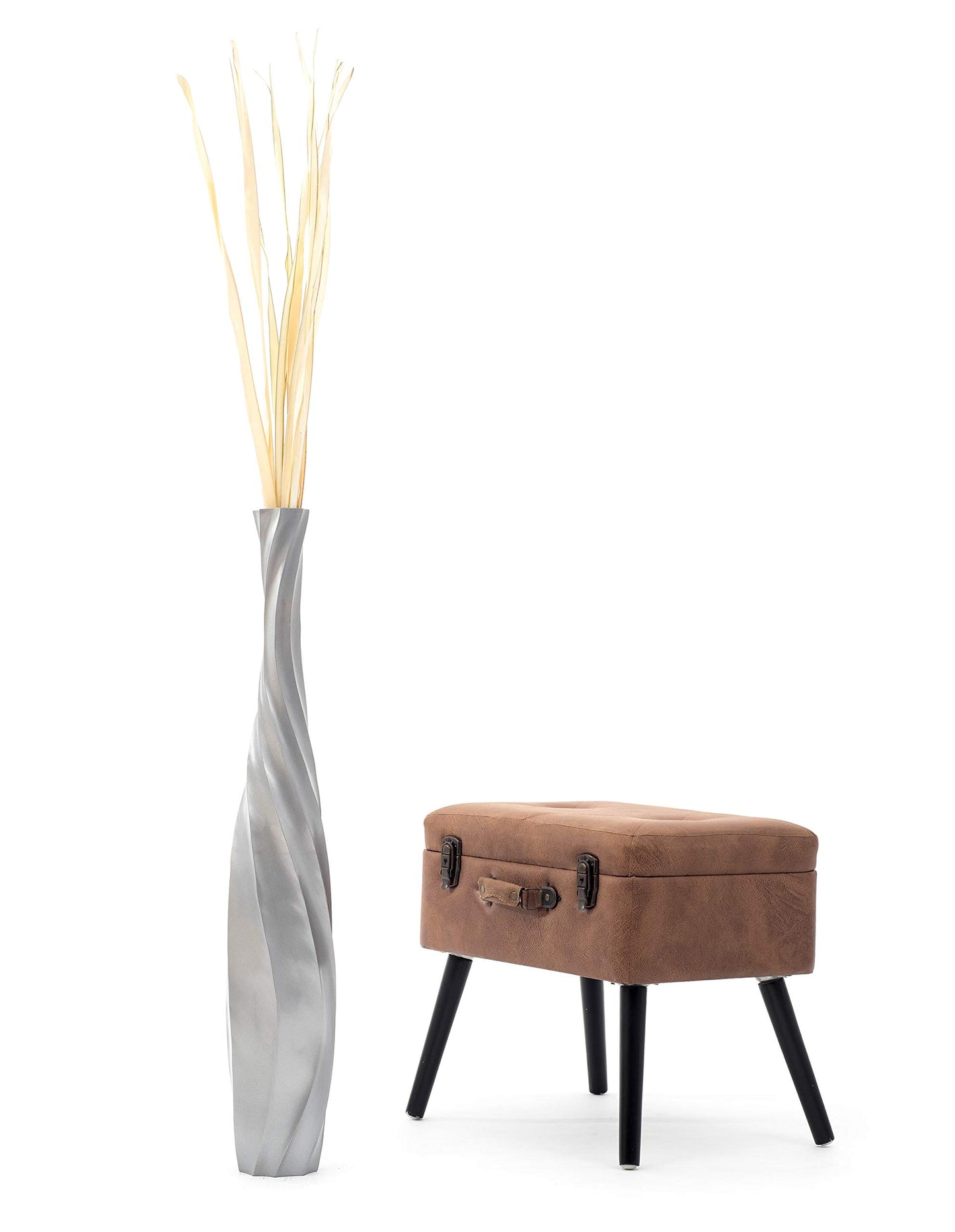 Leewadee Large Silver Home Decor Floor Vase - Wooden 34 inch Tall Farmhouse Decor Flower Holder for Fake Plant and Pampas Grass