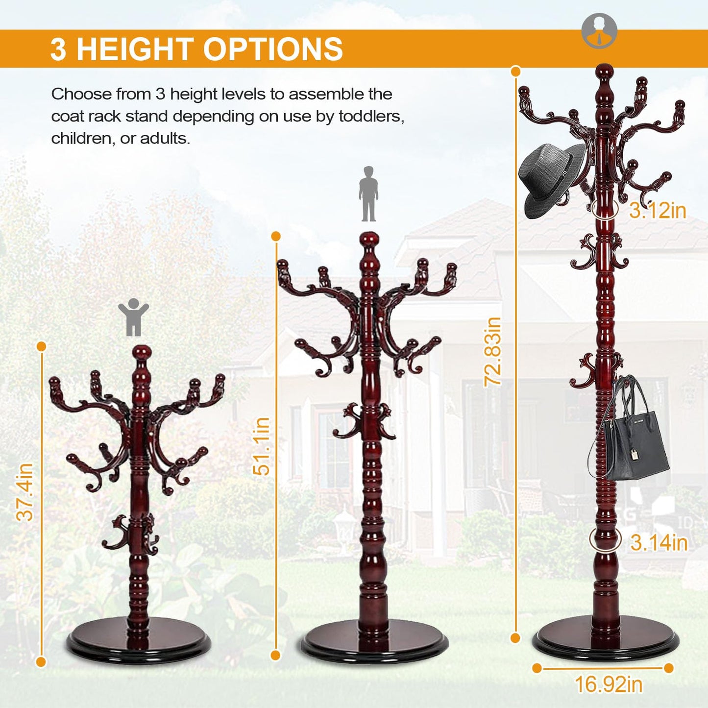 Hsohriif Wooden Coat Hanger Stand, Coat Rack Freestanding 18 Hooks, Mid Century Vintage Coat Tree for Entryway, Adjustable Height 73", Heavy Duty Coat stand for Home Bedroom, Office(Walnut)
