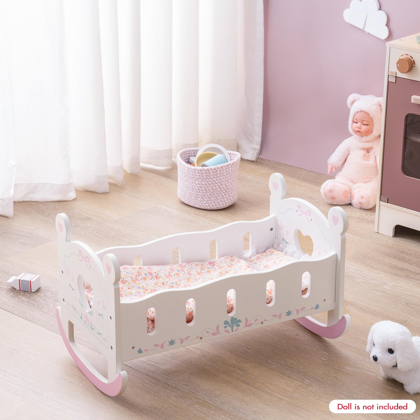 ROBOTIME Wooden Baby Doll Crib, Doll Cradle Bed for 18-24 Inch Dolls, Baby Doll Crib Set with Blanket and Pillow, Toy Doll Bed for Girls Ages 3+