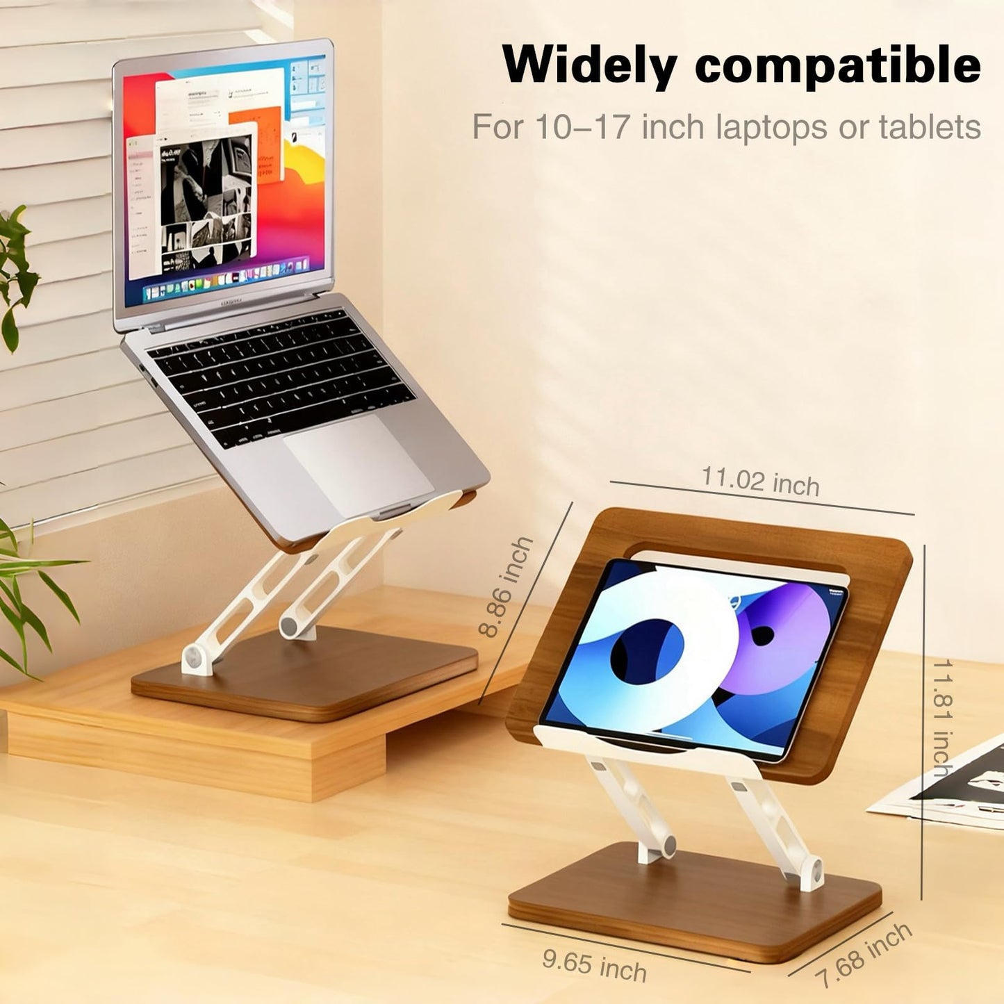 Craftreasure Ergonomic Adjustable Laptop Stand, Wooden & Metal Laptop Riser with Hollow Heat Dissipation, Foldable for Desk Use,Fits 10-17 Inch Laptops/Tablets
