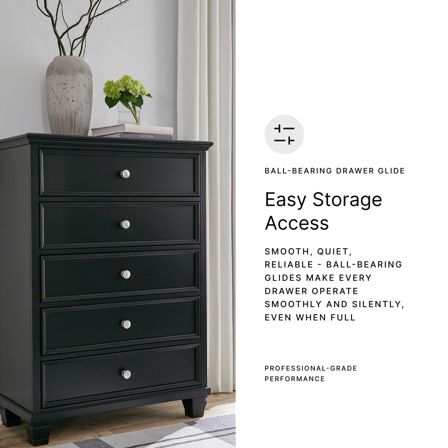 Signature Design by Ashley Lanolee Black Chest of Drawers, Tall Dresser, 5-Drawer Wooden Dresser for Bedroom, 36" W x 17" D x 50" H