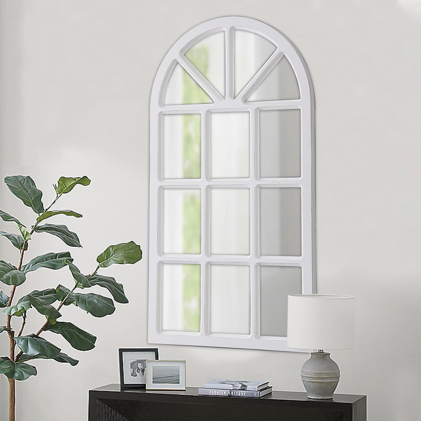 Sintosin Rustic Arched Window Pane Mirror 20 X 36 Inch, Hanging Distressed White Window Mirrors for Wall Decor, Farmhouse Cathedral Wooden Wall Mirror for Living Room Bedroom Fireplace Hallway