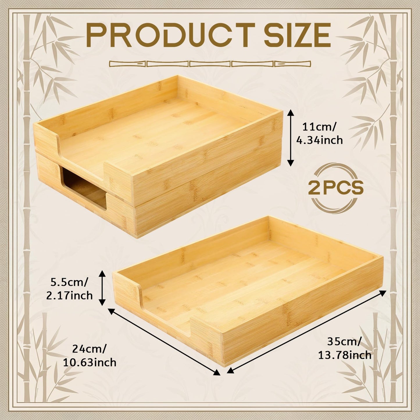 Mifoci 2 Pcs Wood Letters Tray Bamboo Stackable Paper Organizer Letter Tray, Desktop File for A4 Documents, Wooden Office Paper Holder Stacking for Home School Workspace