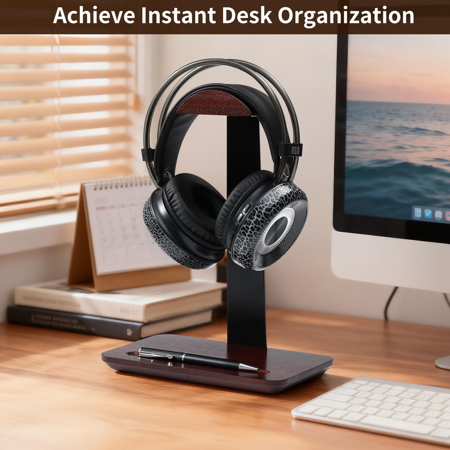 Vruelia Walnut Wood Headphone Stand with Pen Holder