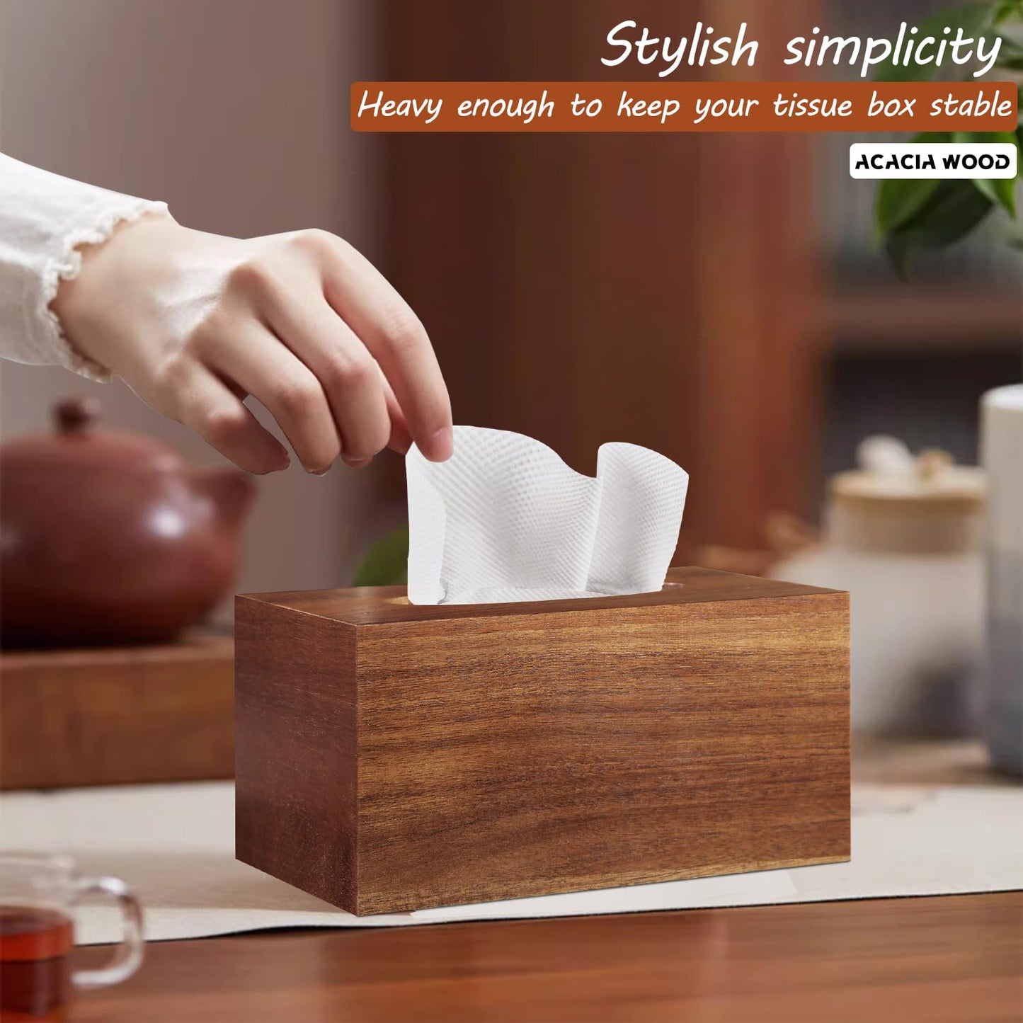 BIBELUN Tissue Box Cover, Acacia Wood Tissue Box Cover Rectangle with Slide-Out Bottom, Wooden Decorative Cube Facial Tissue Holder/Organizer/Dispenser for Bathroom, Office Desk & Bedroom Decor