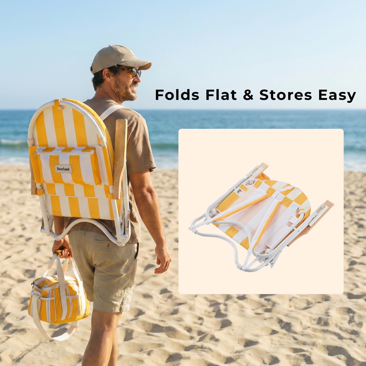 DEER LAND Padded Low Beach Chair, 4-Position Folding Outdoor Chair with Wooden Armrests, Cushioned Seat, Storage Pouch & Carry Strap for Beach, Patio and Lawn, Cala Serena Ochre Stripe