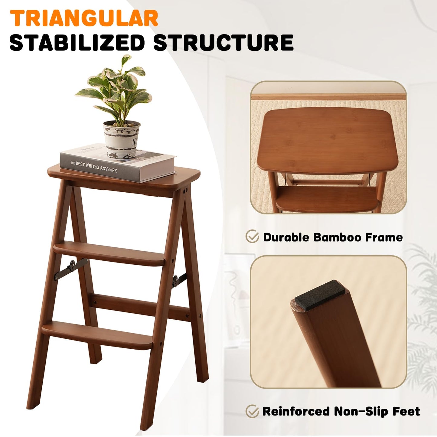 Baveke 3 Step Ladder Folding Step Stool, Wooden Step Stool Foldable, Folding Step Stools for Adults, Bamboo Kitchen Ladder, Three Stepladder for Library (Brown, FSC-Certified Bamboo)