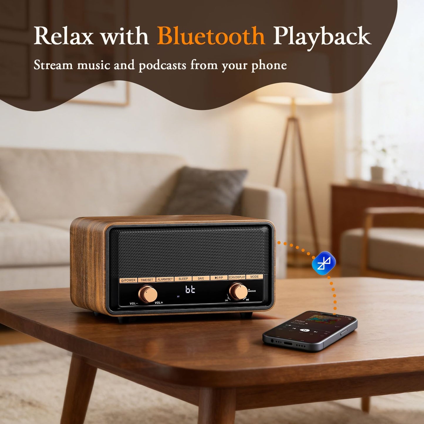 Audiocrazy Vintage Wooden AM FM Radio with Bluetooth, Digital Clock Radio for Bedroom with 80 Station Presets, Tap to Snooze, Sleep Timer, Clear LCD Display for Home Office (Deep Walnut)