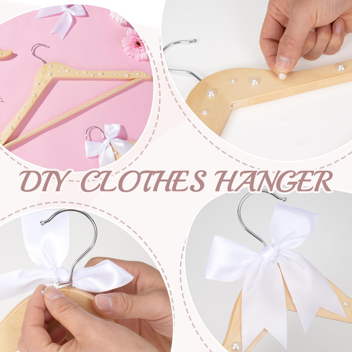 10 Pcs Bridesmaid Hangers for Wedding, 17.5 Inch Wooden Bridal Dress Hanger with Pearls & Bows, Bridal Hangers for Wedding Dress Gown & Tuxedo Suit, DIY Wedding Gift Photo Keepsake