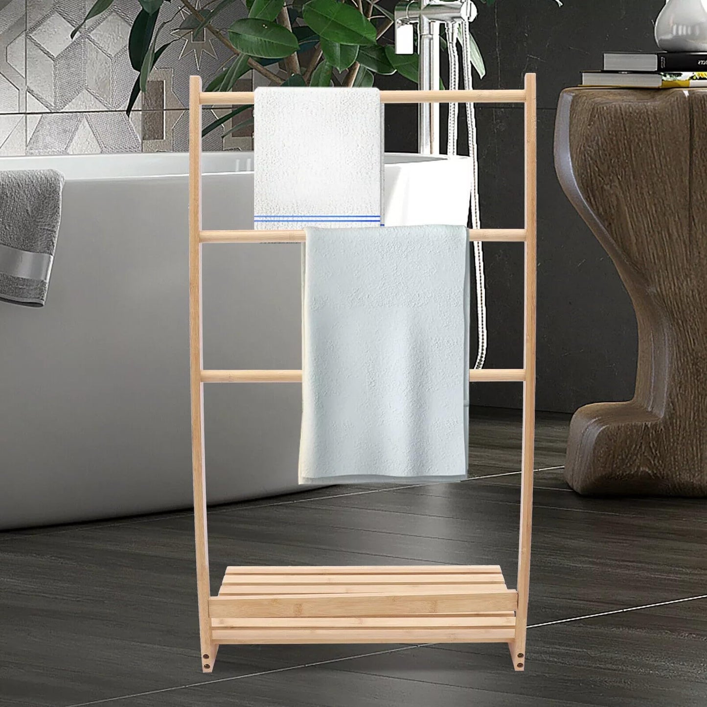 WOHAIPA Bamboo 3-Layer Floor to Ceiling Towel Rack, 33.27" Independent Bathroom Towel Holder w/Bottom Rack, Strong Load-Bearing Capacity, Sturdy and Durable, for Bathrooms, Hotels, Laundry Rooms