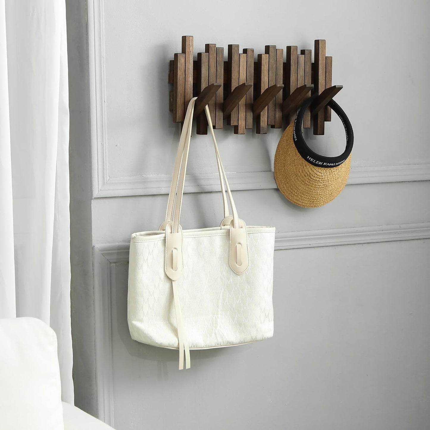 GOGREEBELL Natural Wood Wall Mounted Piano Coat Rack| Coat Rack Wall Mount| Flip Down Wall Hook Rack 5 Hooks| Entryway Coat Rack,Made of Acacia Wood (Walnut Color Dyed with Wood Wax Oil).Wall Art