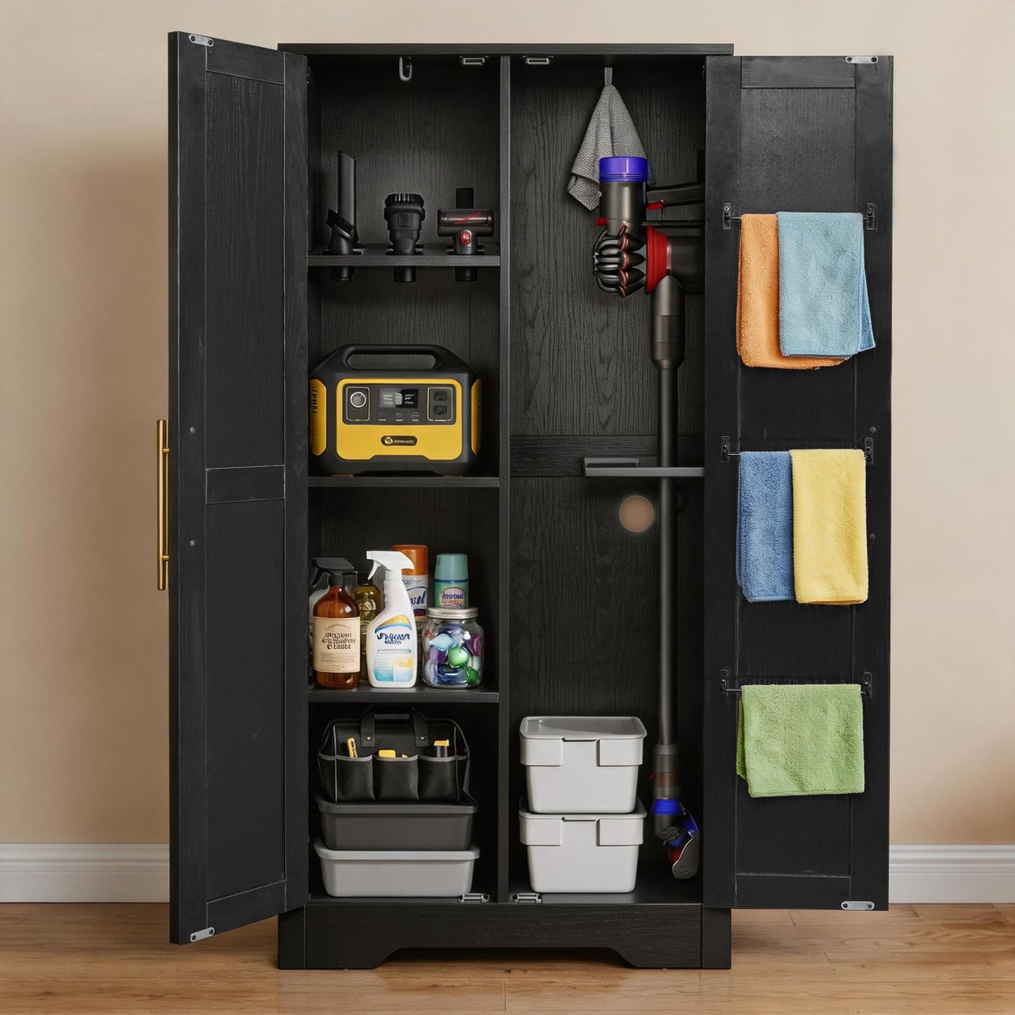 NORTHSKY 55" Wooden Broom Closet, Tall Storage Cabinet for Vacuum Cleaner&Mops, Compatible with Dyson, Utility Cabinet w/4 Shelves&Hanging Rod, Freestanding Organizer for Laundry,Garage,Home,Office
