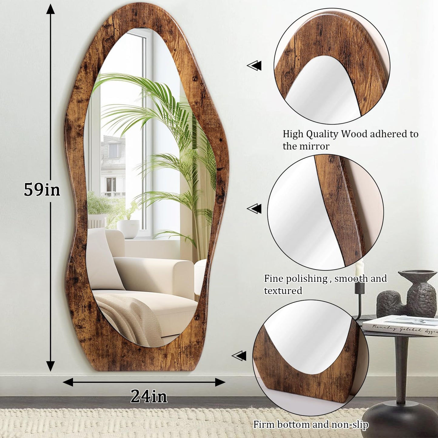 FEUFOAM Full Length Mirror 59" x 24" Irregular Wall Mirrors Wood Framed Full Body Mirror Hanging or Leaning Against Wavy Floor Mirrors for Living Room Bedroom Entryway Bathroom Retro Brown