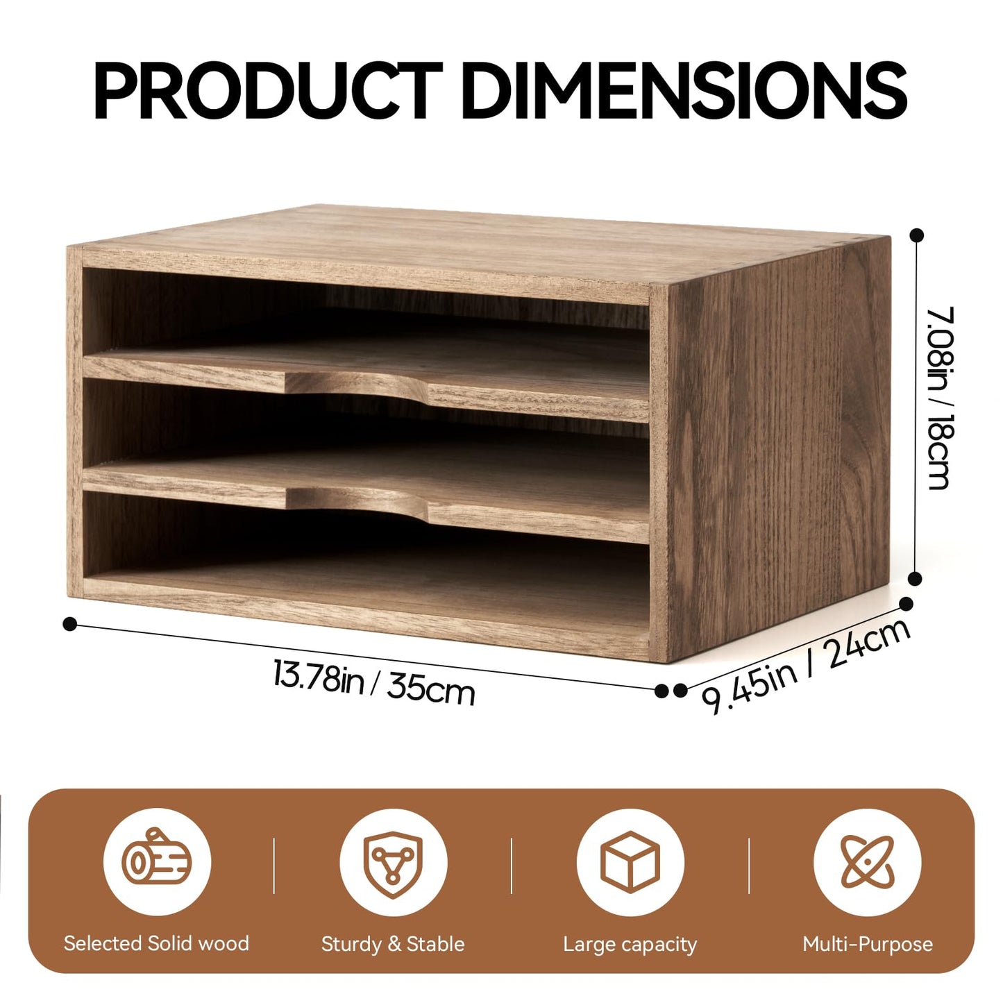 KIRIGEN Wooden Desktop Organizer, 3 Tier Solid Wood Letter Tray and Paper File Sorter for Desk, Freestanding Office Document Holder for Mail, Magazines, Folders, 13.78 x 9.45 x 7.08 in Brown 3KWJG-DBR