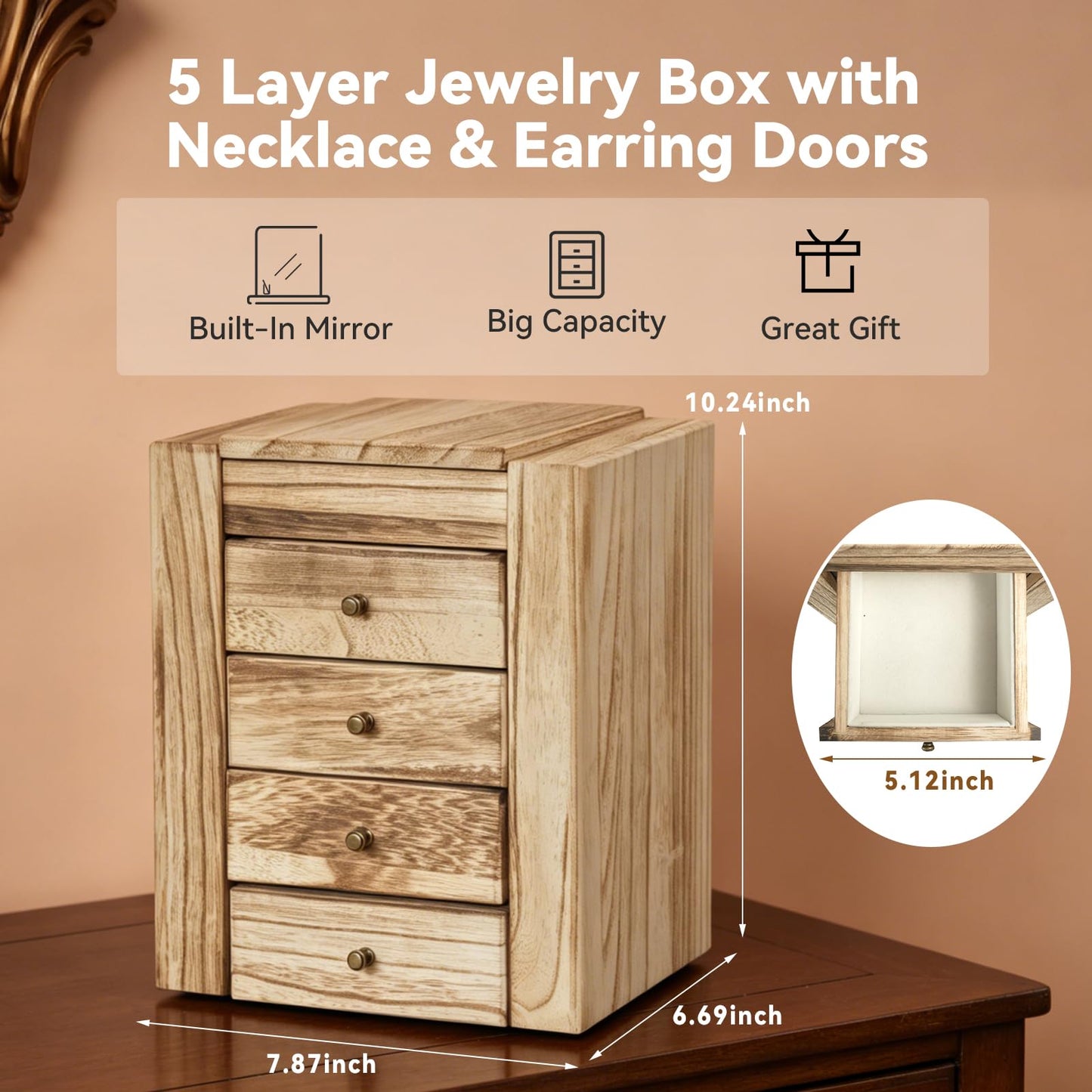 GUOER Jewelry Box for Women, 5-Layer Wooden Jewelry Organizer with Mirror, 4 Drawers & Side Doors for Necklaces, Rings, Earrings, Rustic Torched Wood