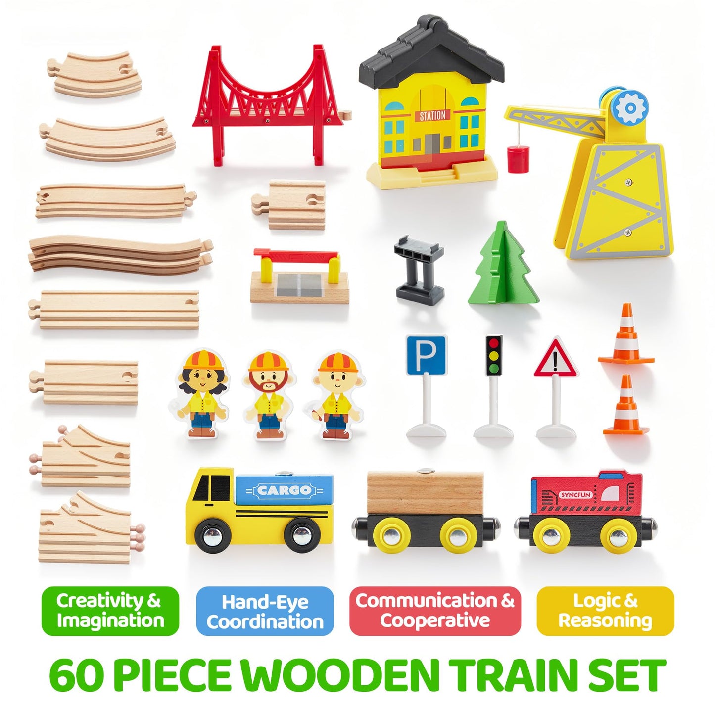 60PCS Wooden Train Set - Toy Magnetic Trains with Wooden Track Set for Kids Ages 3-8, Construction Crane Railway Set, Perfect Easter Birthday Gift for Grandkids Toddlers Boys Girls