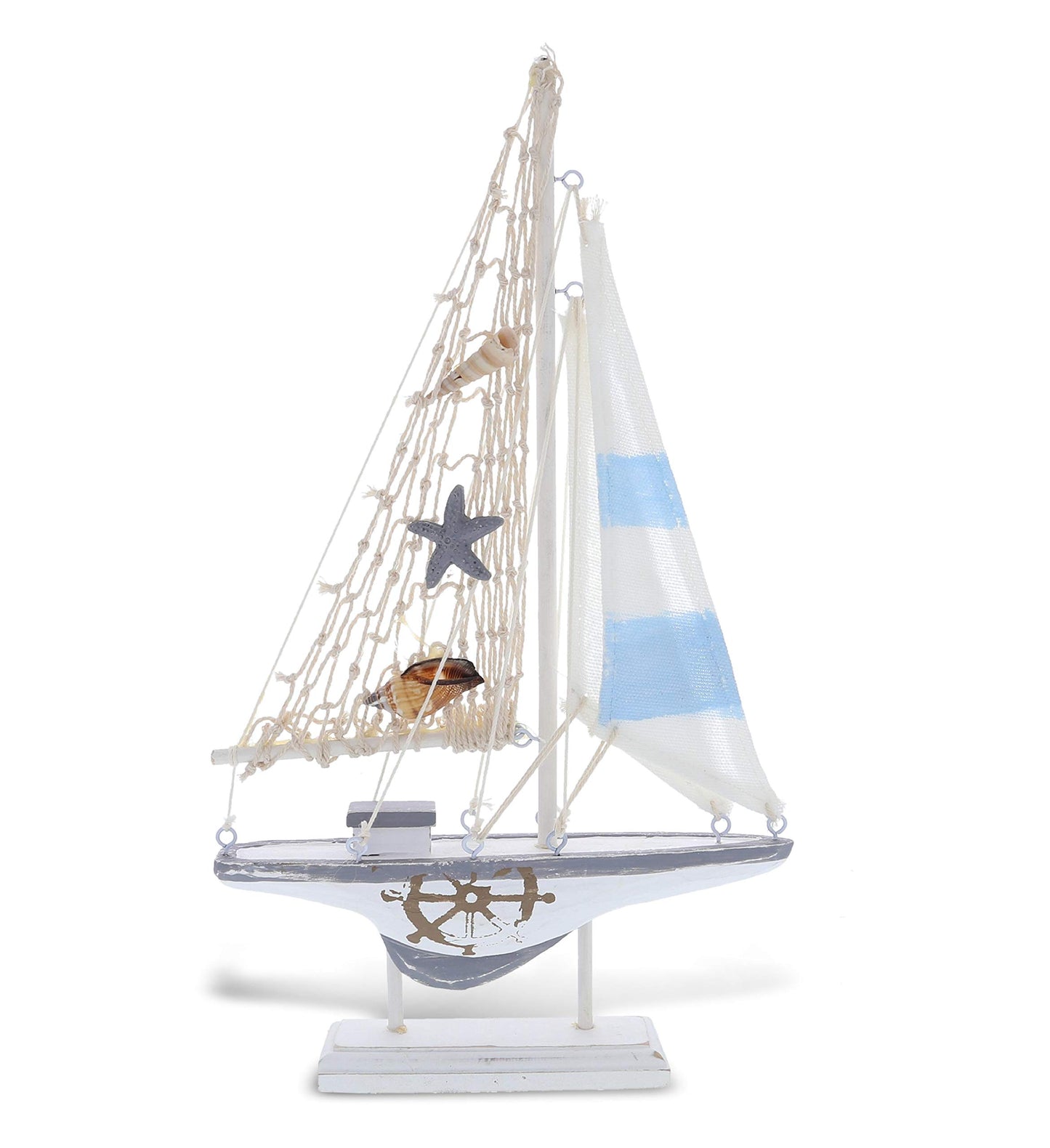 CoTa Global Moonlight Sailboat - Handmade Wooden Sail Boat Decor, Cute Beach Style Model, Nautical Themed Table Top Living Room Centerpiece - 12.5 Inch
