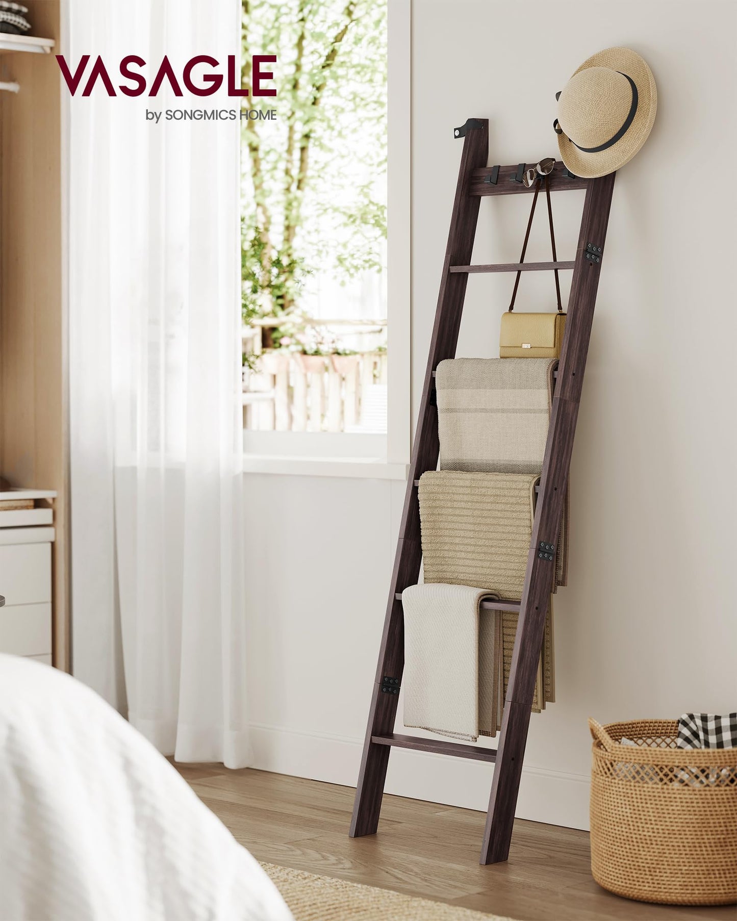 VASAGLE CUSTOS Collection - Blanket Ladder Shelf, 6-Tier Ladder Rack for Storage and Decor with 4 Removable Hooks, Decorative Farmhouse for the Living Room, Maroon Brown ULLS038K01