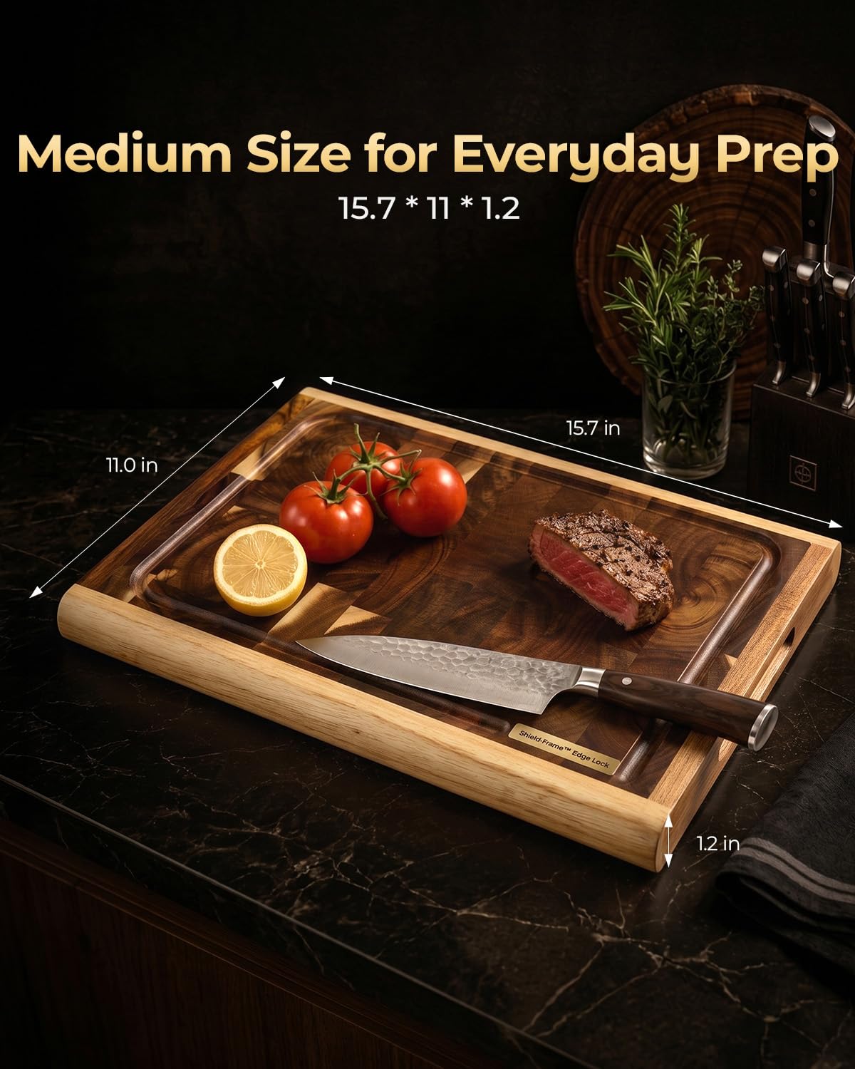 ARMORBEAR End Grain Acacia Wood Cutting Board, Reinforced Shield+Frame™ Edge Lock, Thick Butcher Block Cutting Board for Kitchen, Large Wooden Chopping Board with Juice Groove, 15.8 x 11.2 x 1.2 Inch