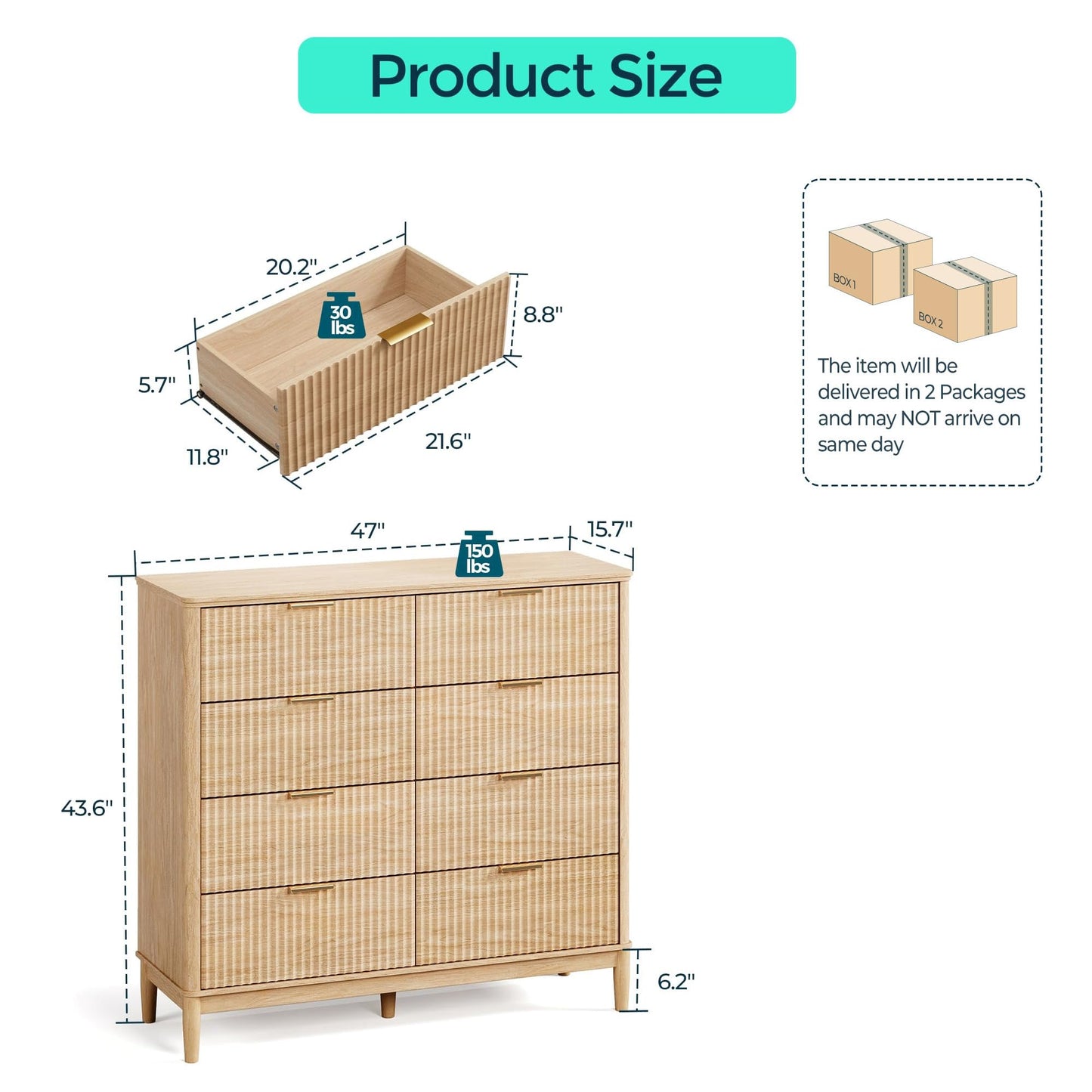 LINSY Fluted Dresser for Bedroom with 8 Drawers, Mid Century Modern Chest of Drawers with Gold Metal Handles, Wide Boho Wood Dressers, Large Farmhouse Storage Cabinet for Bedroom, Living Room, Oak
