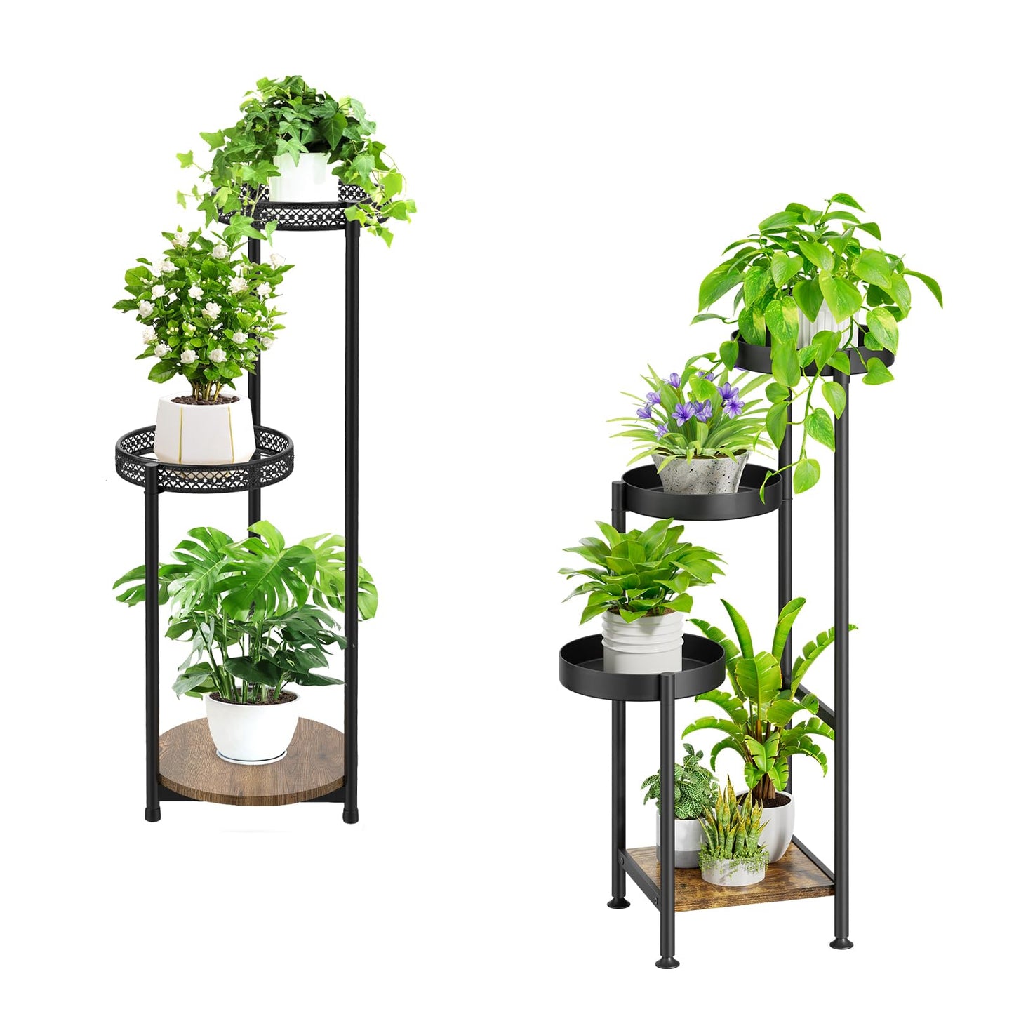 Oppro Plant Stand Set of 2, Tiered Metal Wood Corner Planter Stands Flower Shelf for Indoor Outdoor Plants