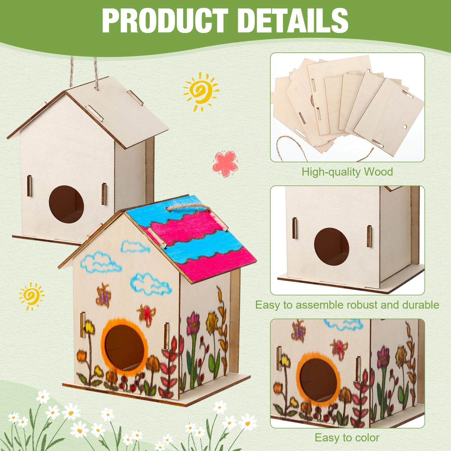 DoubleFill 24 Pcs Bulk Wooden Bird Houses Kits for Kids Mini Bird House for Craft DIY Unfinished Wood Birdhouse to Paint, Build for Children Wooden Arts Classroom Activity, 3 Styles