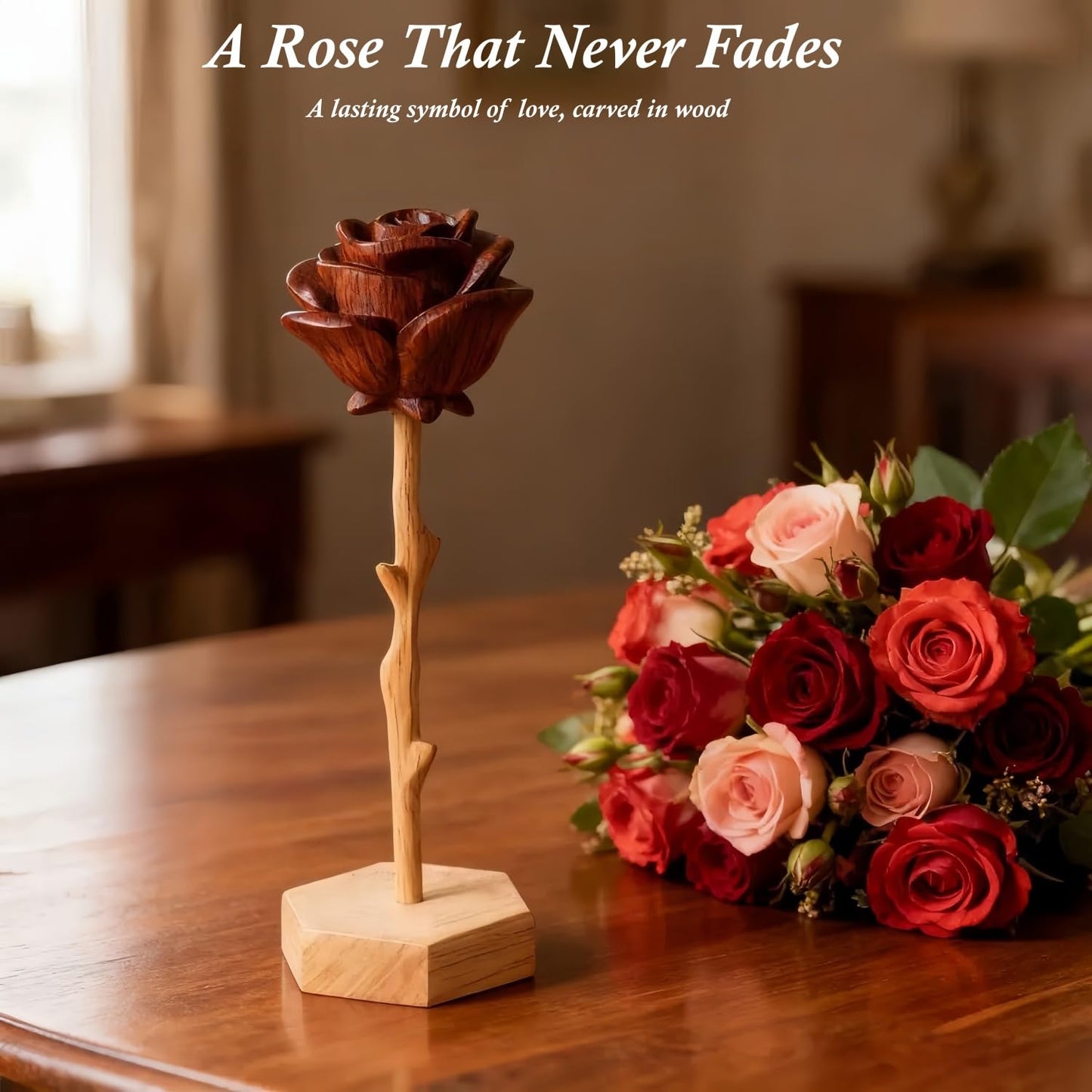 Komothala Hand Carved Wooden Rose Flower, Eternal Wood Rose Gift for Women, Handmade Romantic Keepsake for Mother's Day, Valentine's Day, Birthday, Anniversary, Home Desk Decor (Rose)
