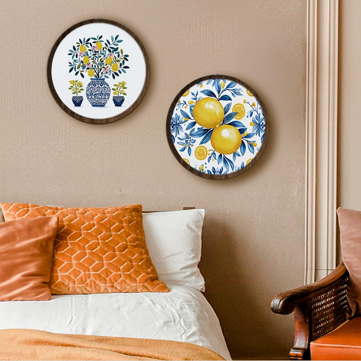 BIWSHA Italian Lemon Amalfi Coast Wall Art Decor, Mediterranean Lemon Botanical Coastal Beach Round Wooden Wall Hanging Decor for Kitchen Home Bedroom Living Room, 10 Inch Diameter Set of 4