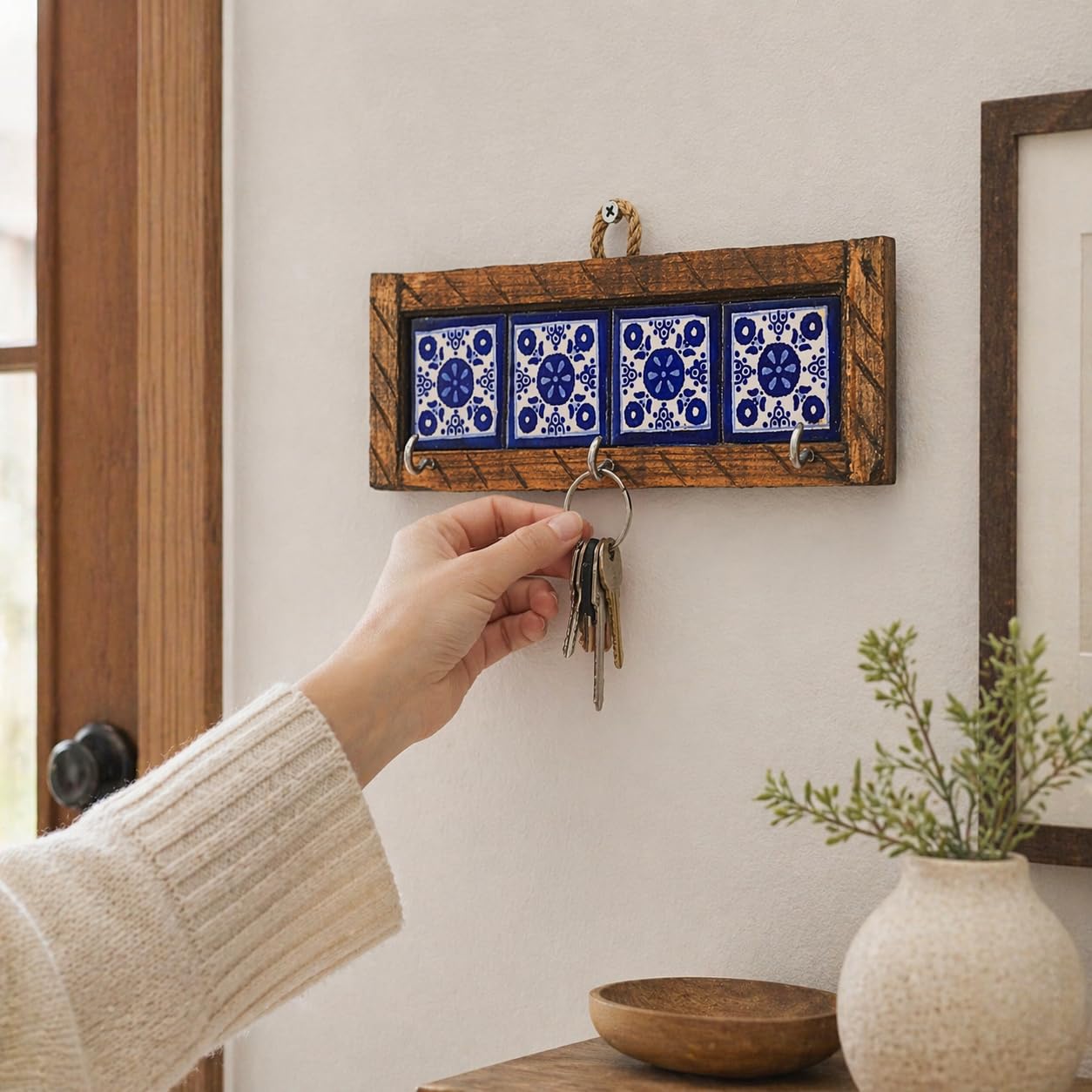 Casa Fiesta Designs Mexican Talavera Key Holder – Handcrafted Wooden & Ceramic Wall Organizer with 3 Metal Hooks – Blue & White Tile Design – Rustic Home Décor - Portallaves 4 Azulejos Azules