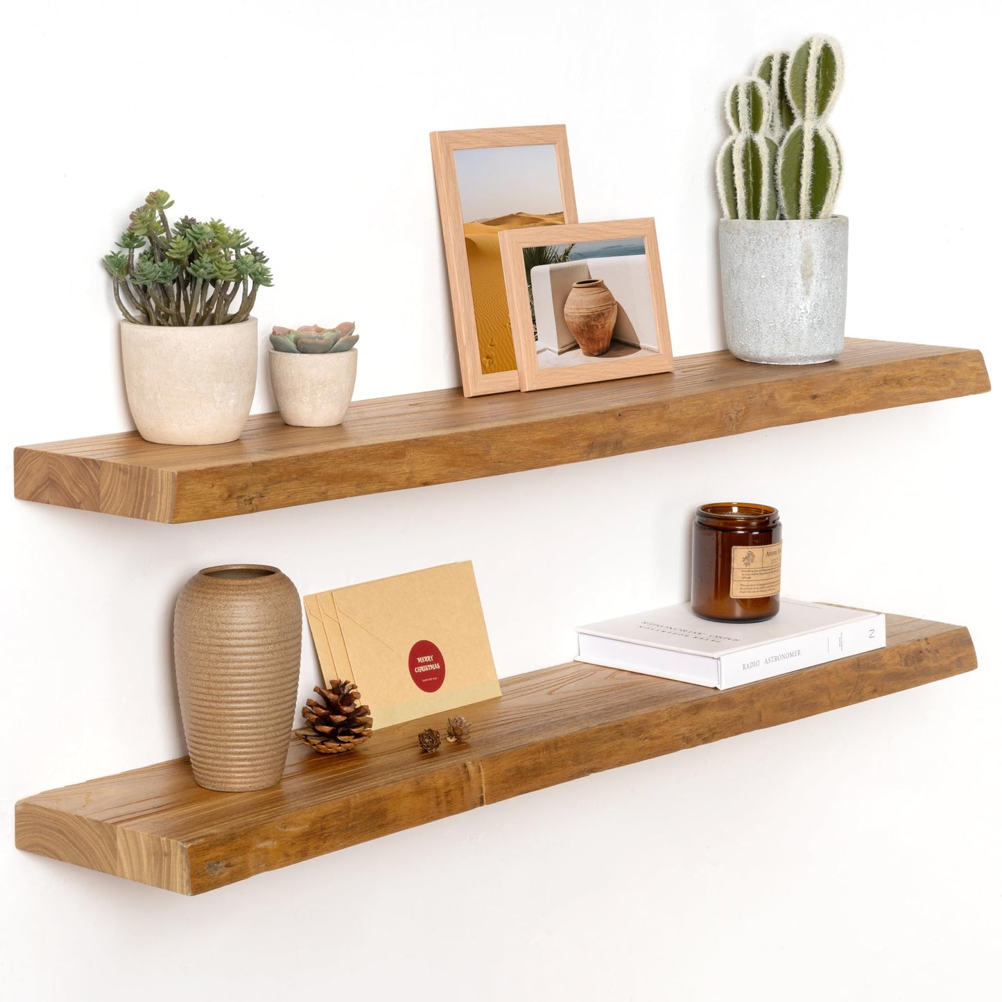 Live Edge Elm Wood Floating Shelves, 36 Inch Long Wall Shelves 2 Pack Shelf for Farmhouse Bedroom Bathroom Kitchen, Wall Mounted Wooden Shelf with Invisible Bracket for Books Decor, Natural