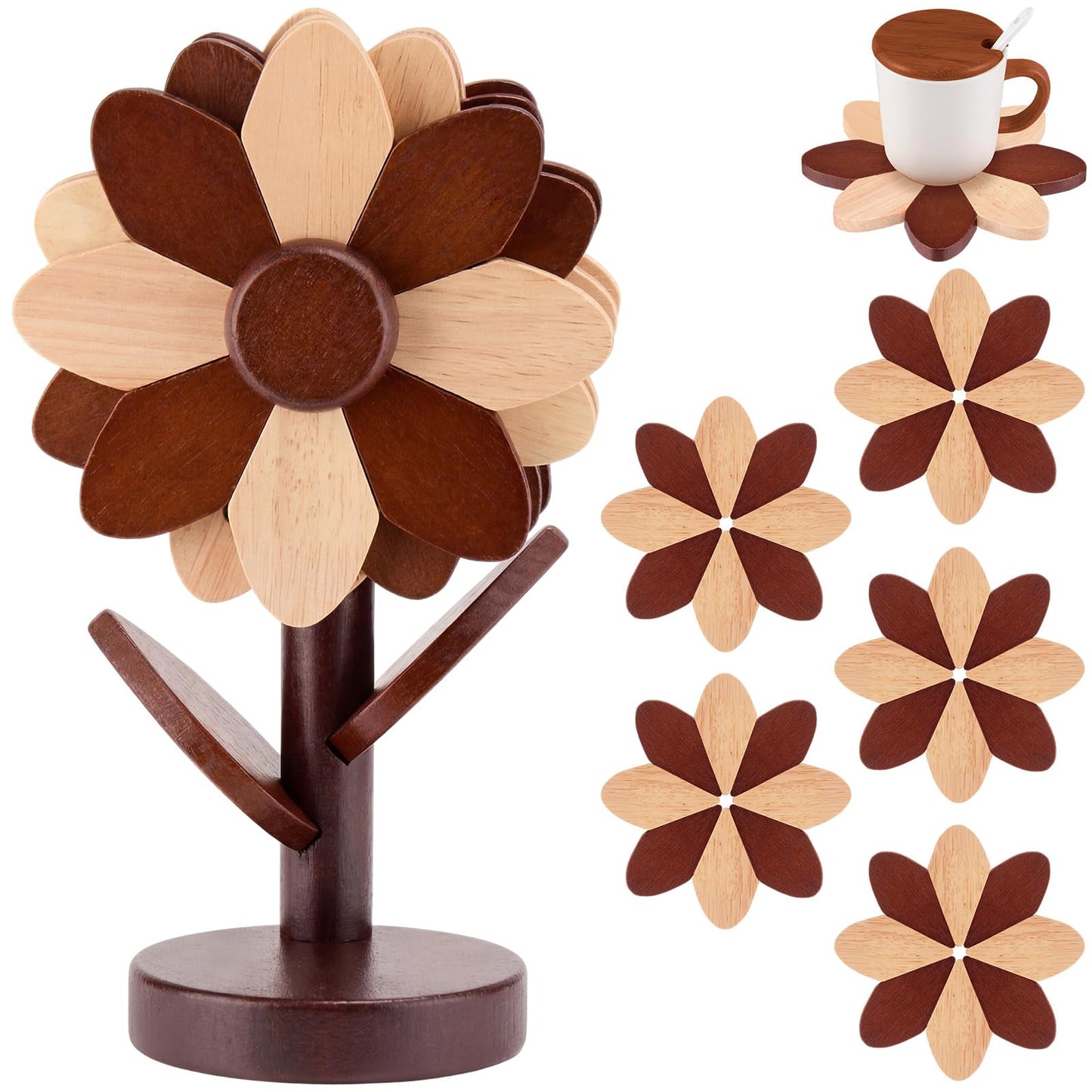 Threehoney Wooden Flower Coaster Set Wooden Trivets for Hot Dishes Tree Shape Trivet Set 4 Wood and 1 Stand Stored Beech Color Blocked Design(Walnut Wood Color)