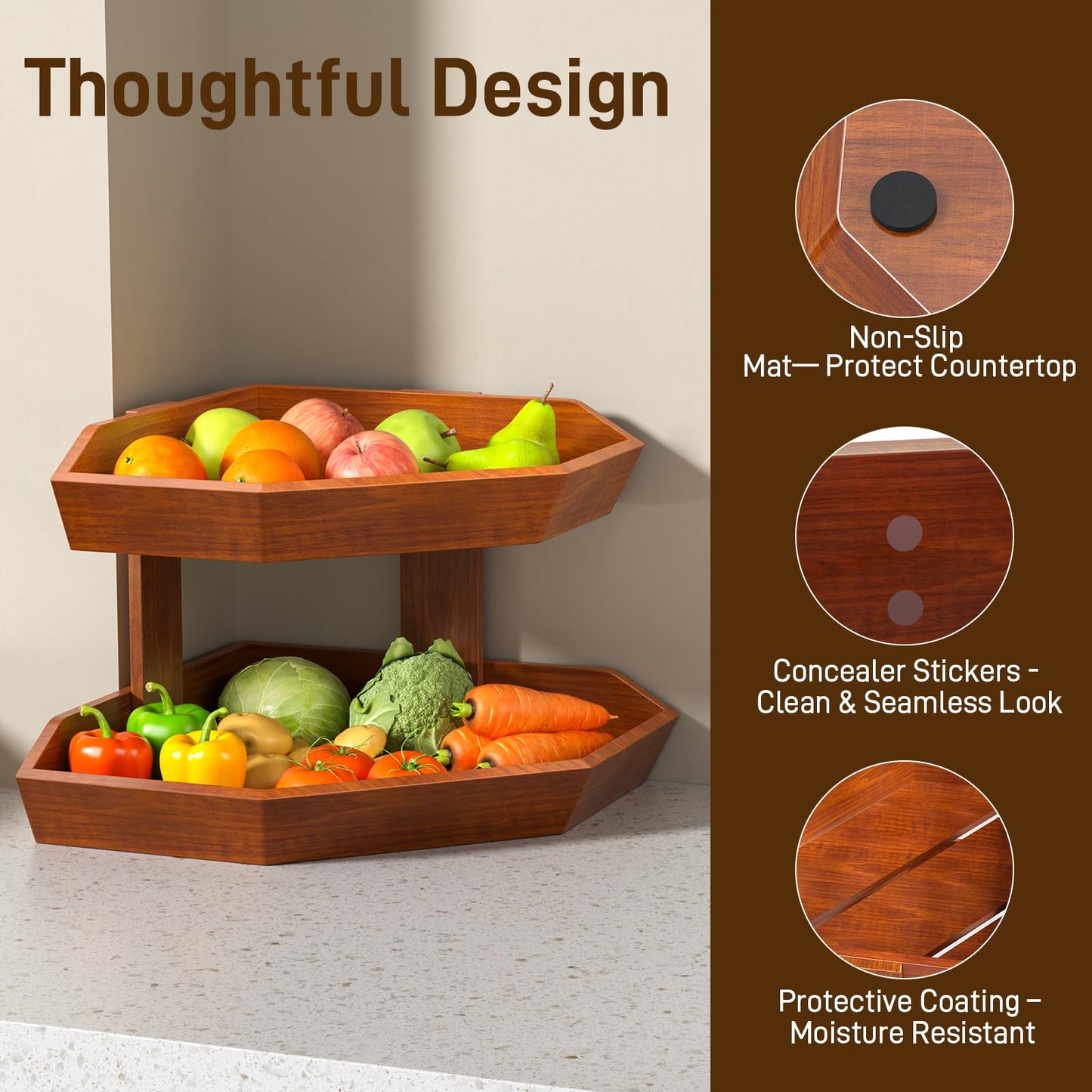Tequie Wooden Fruit Basket for Kitchen Counter 2 Tier, Large Capacity Fruit Bowl for Corner, Space-Saving Fruit Stand Holder for Bread Fruit and Vegetable Storage Kitchen Countertop Organizer