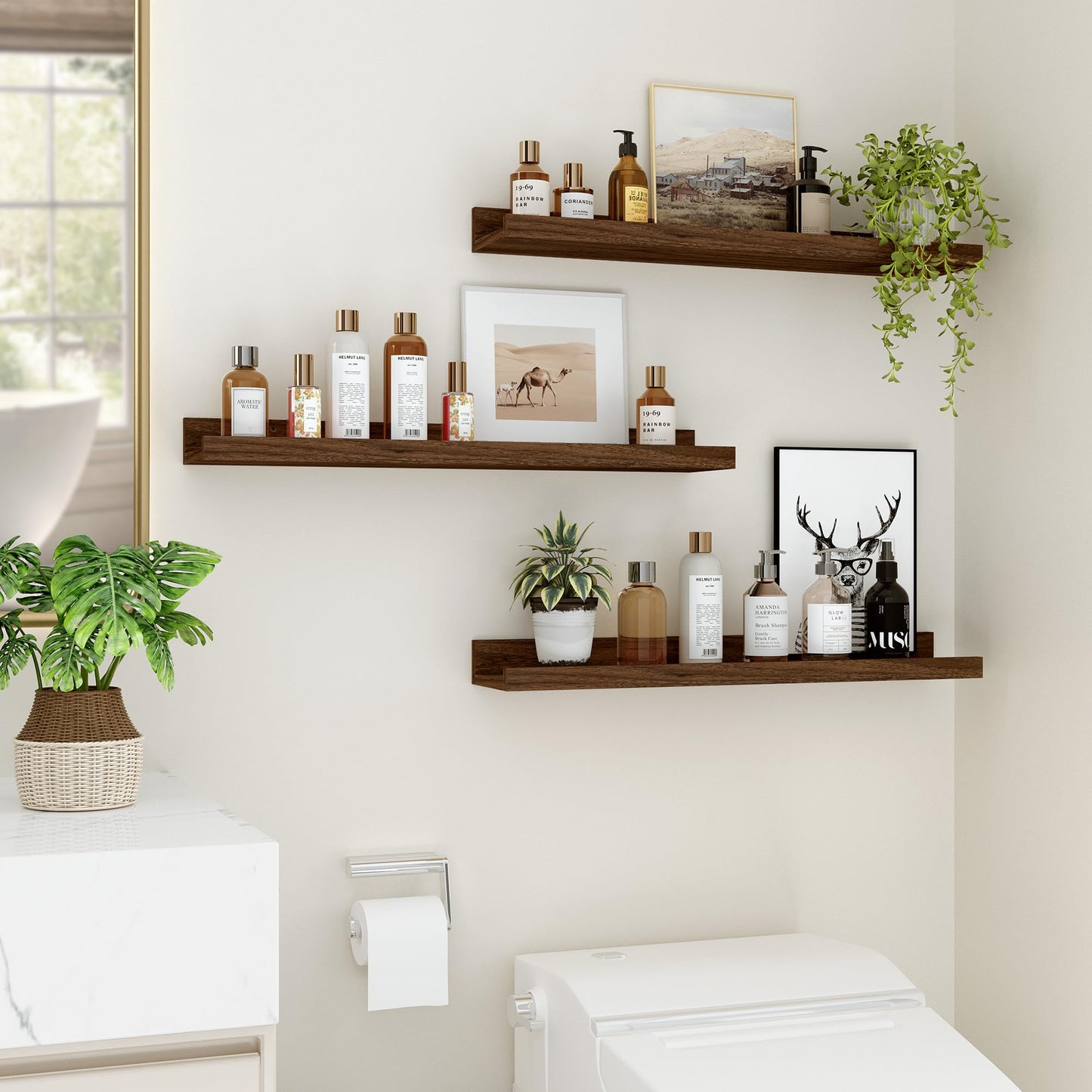 Feihorrm Floating Shelves for Wall, 24 inch Wood Floating Shelves Set of 2, Picture Ledge Shelf for Books Photo Frames, Wall Mounted Shelves for Bathroom Bedroom Living Room Kitchen, Walnut
