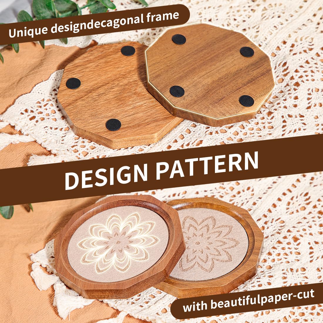 Wood Coasters for Drinks Absorbent with Lip, 4.3 Inch Acacia Wood Camel Felt Coaster with Holder for Wooden Coffee Table for Cups, Mugs, and Glasses - Set of 6