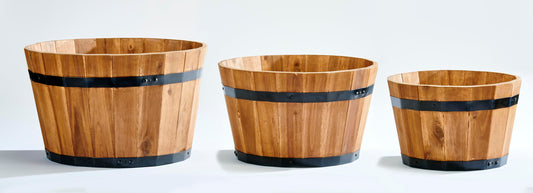 Worth Imports Nested Acacia Wood Barrel Planters, Light Brown, Set of 3, 11", 9.5", 8.5"
