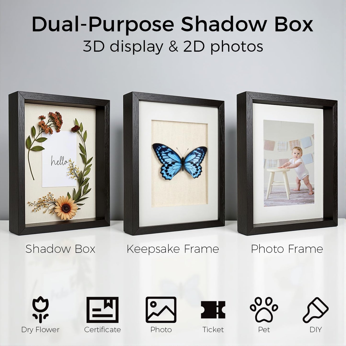 Heyxinda 8x10 Shadow Box Picture Frames Set of 4, Wooden Display Cases with Linen Board, Use as 6x8 Frame with Mat or 8x10 Without Mat, 1.0" Interior Depth for Flowers Memorabilia Collectibles, Black